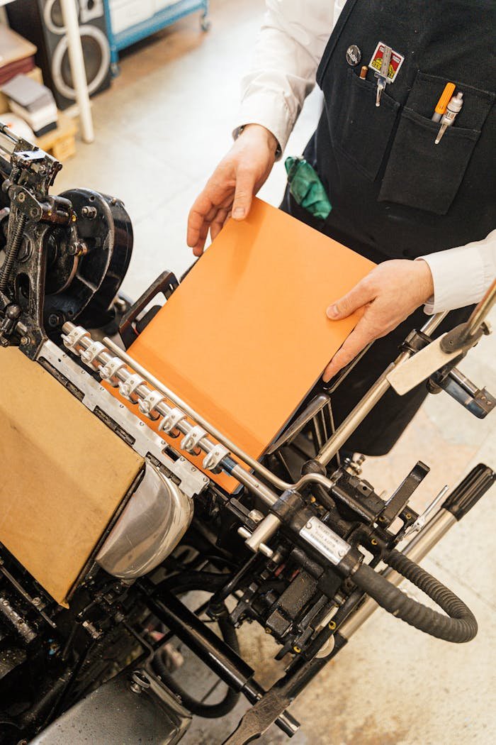 A person binding an orange book with craft equipment in a studio.